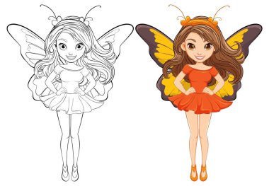 Uzun saçlı, mini bir elbise ve kelebek kanatları takan güzel bir kadının karalama çizgisi. Çizgi film tarzında, boyama sayfaları için mükemmel.