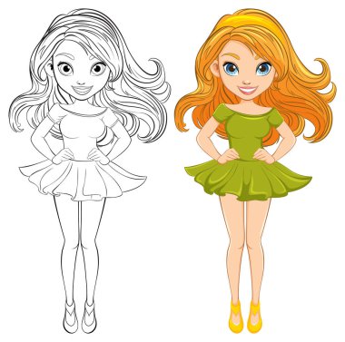 Mini elbiseli çekici bir kadının vektör çizimi.