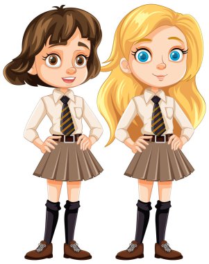 Okul üniformalı iki kız arkadaşın sevimli çizgi film karakterleri.