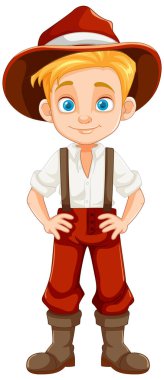 Vektör illüstrasyonunda izole edilmiş, şapka takan çekici bir çizgi film karakteri.