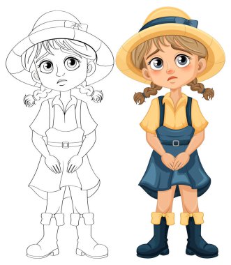 Askı, etek ve yüzünde hüzünlü bir ifade olan şapka giyen sevimli bir kız, boyama sayfaları için mükemmel.