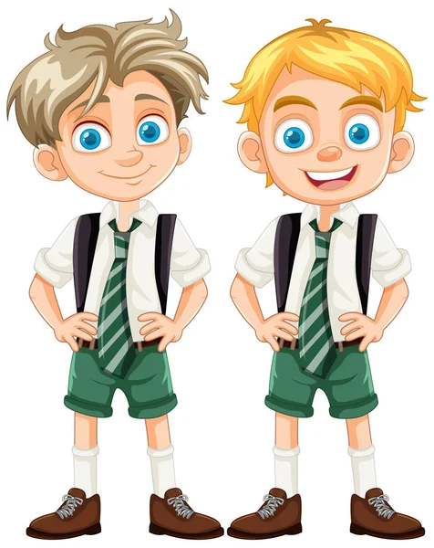 Veselí Chlapci Školní Uniformě Těší Jejich Přátelství Kreslené Ilustraci — Stockový vektor