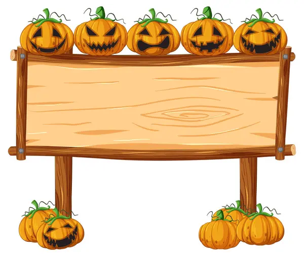 Vector Cartoon Illustration Halloween Pumpkin Empty Wooden Sign Frame Royalty Free Stock Vectors