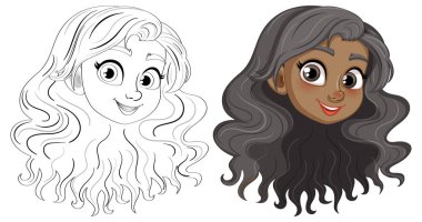 Siyah uzun saçlı, gülümseyen güzel bir kızın karalama çizgisi.