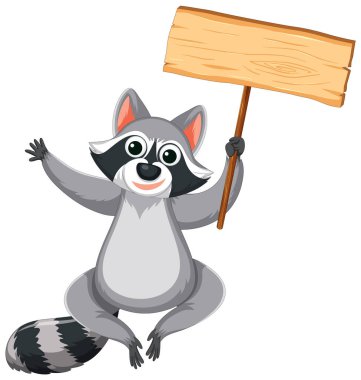 Canlı bir rakun karakteri ahşap bir afiş taşıyor.