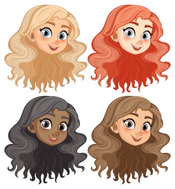 Uzun saçlı, gülümseyen güzel kızların yer aldığı bir dizi vektör çizimi.