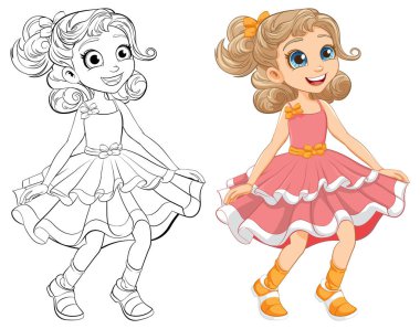 Renklendirme sayfaları için taslak çizilmiş neşeli bir kızın vektör çizimi