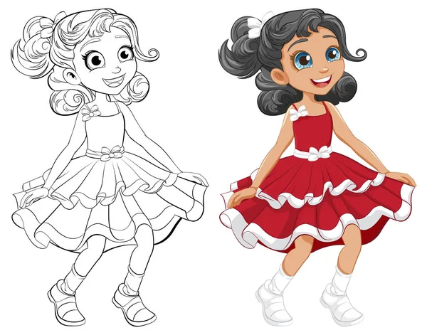 Una Chica Alegre Personaje Dibujos Animados Bailando Con Contorno Para — Archivo Imágenes Vectoriales