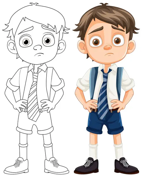 一个穿着校服穿着矢量卡通画的无聊的男孩 — 图库矢量图片