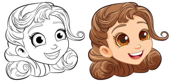 着色のためのアウトラインを持つ陽気な漫画少女の頭 — ストックベクタ