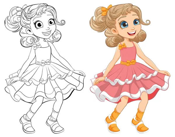 Vektorové Kreslené Ilustrace Radostné Dívky Tančící Obrysem Pro Omalovánky — Stockový vektor