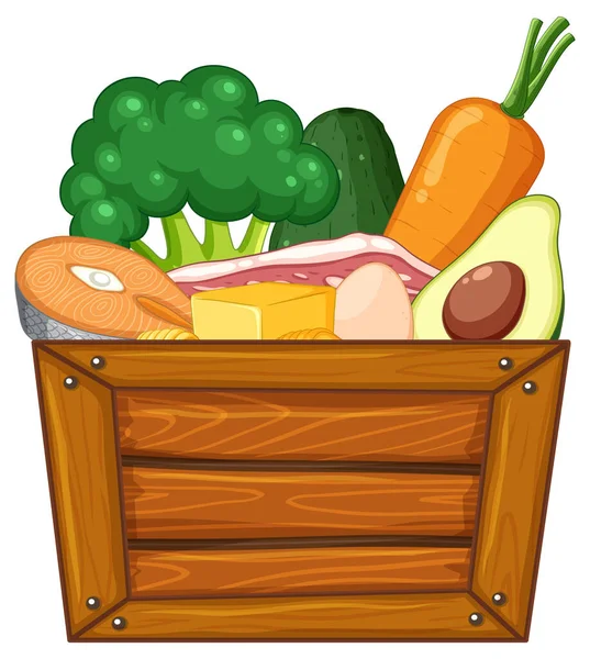 Hús Zöldség Válogatás Egy Fadobozban Stock Illusztrációk