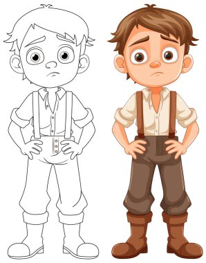 Çizgi filmde çiftçi tulumu giyen sıkkın ve üzgün bir çocuk.