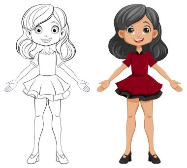 Boyama sayfaları için karalama çizgisi olan neşeli bir kız çizgi film karakteri.