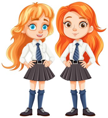 Aynı okul üniforması içinde turuncu saçlı iki sevimli öğrenci.