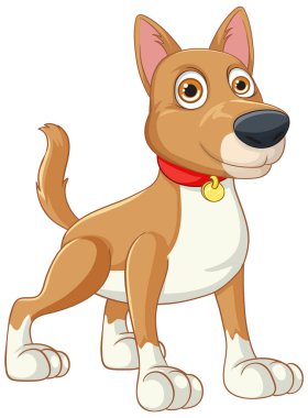 Vektör karikatür tarzında şirin bir köpek karakteri ayakta ve kuyruğunu sallıyor.