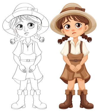 Askı, etek ve yüzünde hüzünlü bir ifade olan şapka giyen sevimli bir kız, boyama sayfaları için mükemmel.