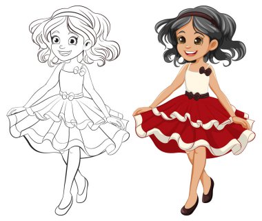 Prenses elbiseli bir kızın vektör karikatür karakteri. Renklendirme için mükemmel.