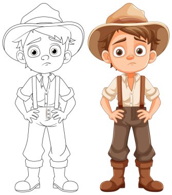 Çizgi filmde çiftçi tulumu giyen sıkkın ve üzgün bir çocuk.