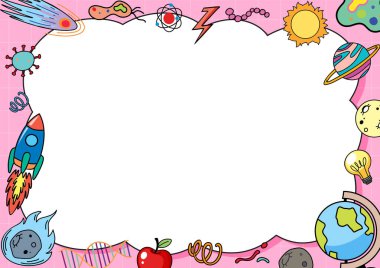 Bilim araçlarının vektör karikatür çizimi ve pembe kenarlık çerçevesinde öğrenme işareti