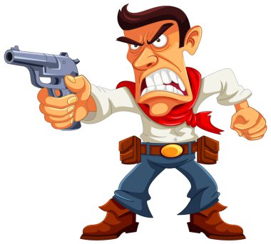 Kızgın bir kovboy vektör karikatüründe silah tutuyor.