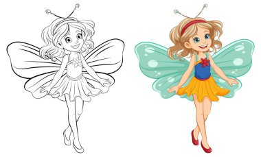 Kelebek kanatları ve peri elbisesi olan hoş bir çizgi film kızı.