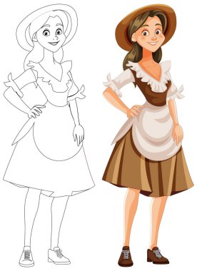 Güzel Avrupalı kadın ayakta ve çizgi film tarzında gülümsüyor