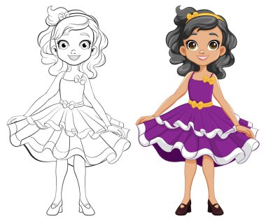 Parti için hazırlanmış prenses elbiseli bir kızın vektör çizgi film karakteri.