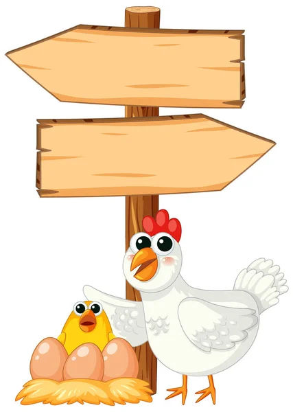 Illustration Höna Ägg Kyckling Och Träskylt Med Riktad Pil — Stock vektor