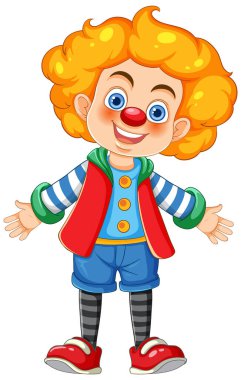 Renkli sirk palyaçosu kıyafetleri giyen yakışıklı bir çizgi film karakteriyle bir kutlama.