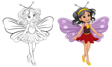 Sayfaları boyamak için kelebek kanatları olan sevimli peri kız.