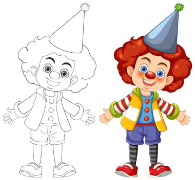 Renkli sirk palyaçosu kıyafetleri giymiş, gülümseyen sevimli bir çocuk.