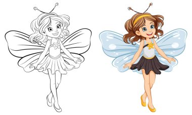 Peri elbisesi içinde kelebek kanatları olan hoş bir çizgi film kızı.