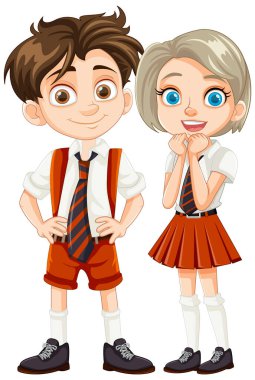 İki öğrencinin vektör çizimi, bir erkek ve bir kız, okul üniforması giyiyorlar.