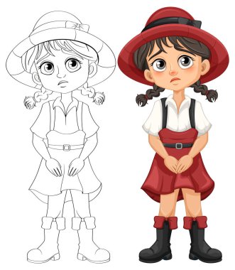 Pantolon askısı, etek ve yüzünde hüzünlü bir ifade olan çizgi film tarzında tasvir edilmiş, boyama sayfaları için uygun bir şapka giyen tatlı bir kız.