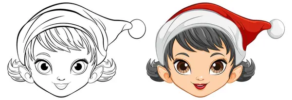 Noel Şapkası Takan Tatlı Bir Kızın Vektör Çizimi — Stok Vektör