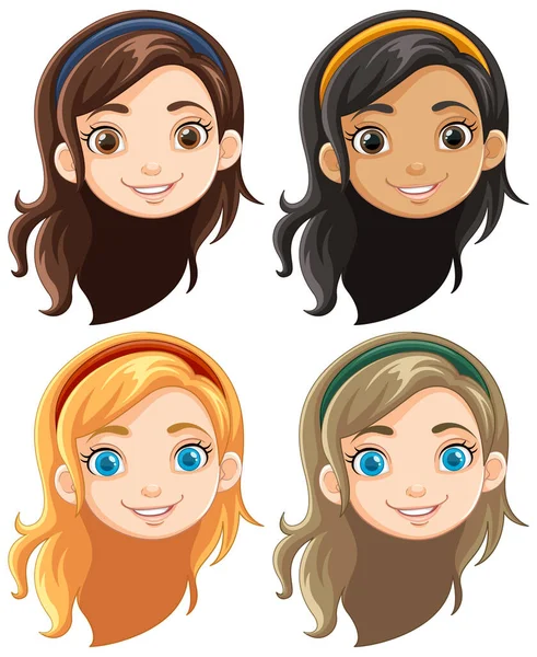 Uzun Saçlı Çeşitli Renklerde Gülümseyen Kızların Vektör Çizimleri — Stok Vektör