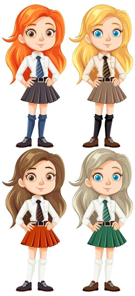 Vektorová Ilustrace Šťastné Dospívající Dívky Dlouhými Vlasy Oblečené Školní Uniformě — Stockový vektor
