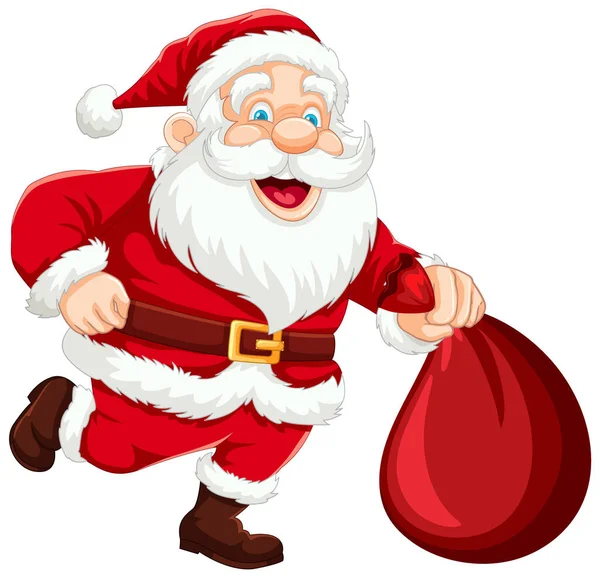 Veselý Santa Claus Karikatura Běží Při Držení Dárkové Tašky — Stockový vektor