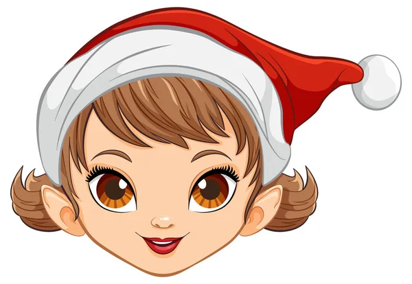 Cute Girl Cartoon Head Wearing Festive Christmas Hat — Stock Vector