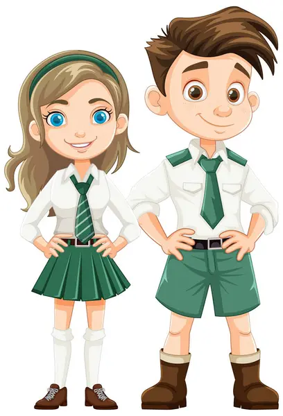 Ilustrace Dvou Studentů Chlapce Dívky Školní Uniformě Kresleném Stylu Royalty Free Stock Ilustrace