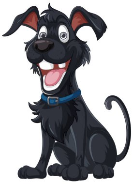 Çekici bir vektör illüstrasyonunda heyecanlı bir siyah köpek oturuyor.