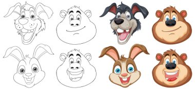 Neşeli hayvanlar Baş Vektör Çizgi Film İllüstrasyonu