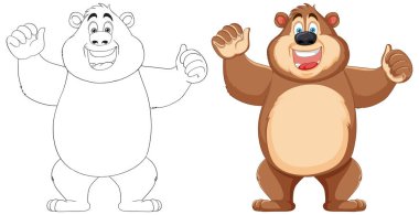 Renkli sayfalar için karalama çizgisi olan canlı ve neşeli bir çizgi film ayısı.