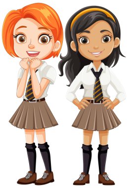 Okul üniformalı iki kız arkadaşın sevimli çizgi film karakterleri.