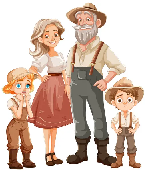 Een Vreugdevolle Familie Van Boeren Afgebeeld Een Vector Cartoon Stijl — Stockvector