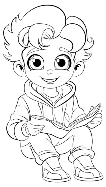 Jongen Zit Leest Het Boek Schets Doodle Illustratie — Stockvector