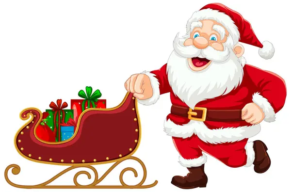 Veselý Santa Claus Tlačí Sáně Plné Darů — Stockový vektor