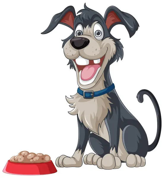 Lively Cartoon Dog Eagerly Sitting Front Meal — Stock Vector