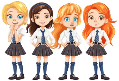 Çizgi film karakteri olarak okul üniformalı bir grup bayan arkadaş.